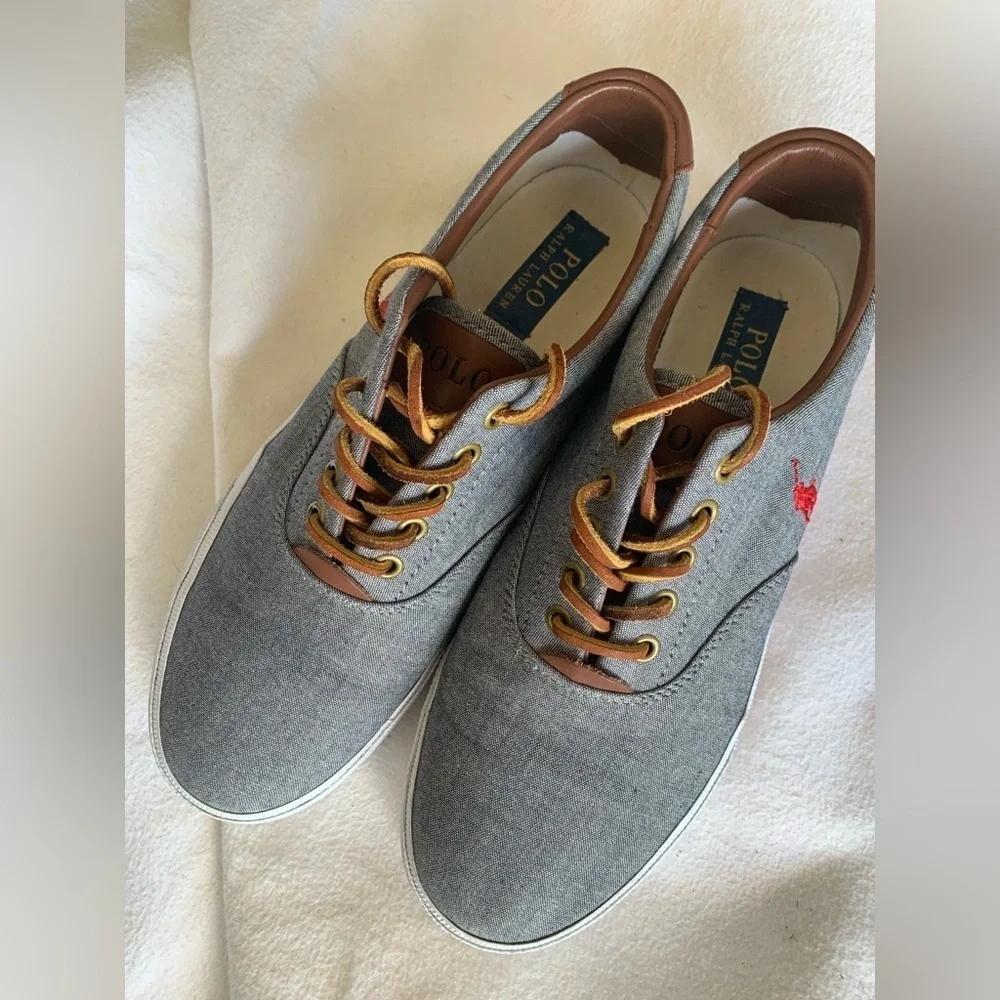Polo Ralph Lauren Vaughn Gray Canvas Men's Sneakers Shoes Size 9 D Leather Laces